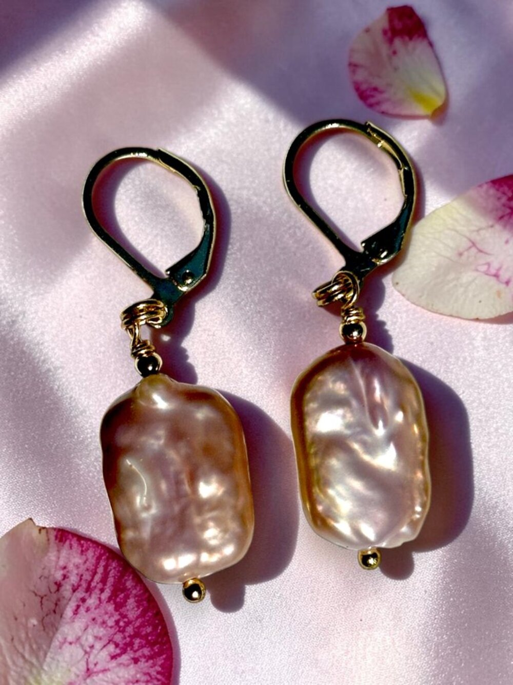 Baroque Pearl Earrings Gold Filled Leverbacks Pink Freshwater Pearl Dangle 18mm